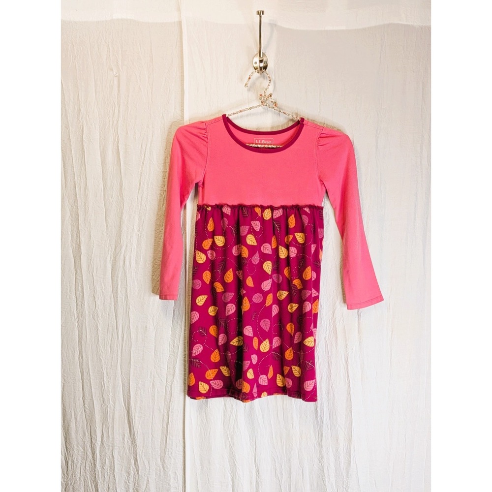 L.L. Bean Long-Sleeve Dress Colorful Fall Leaf Print Size 6-7 Pink & Magenta